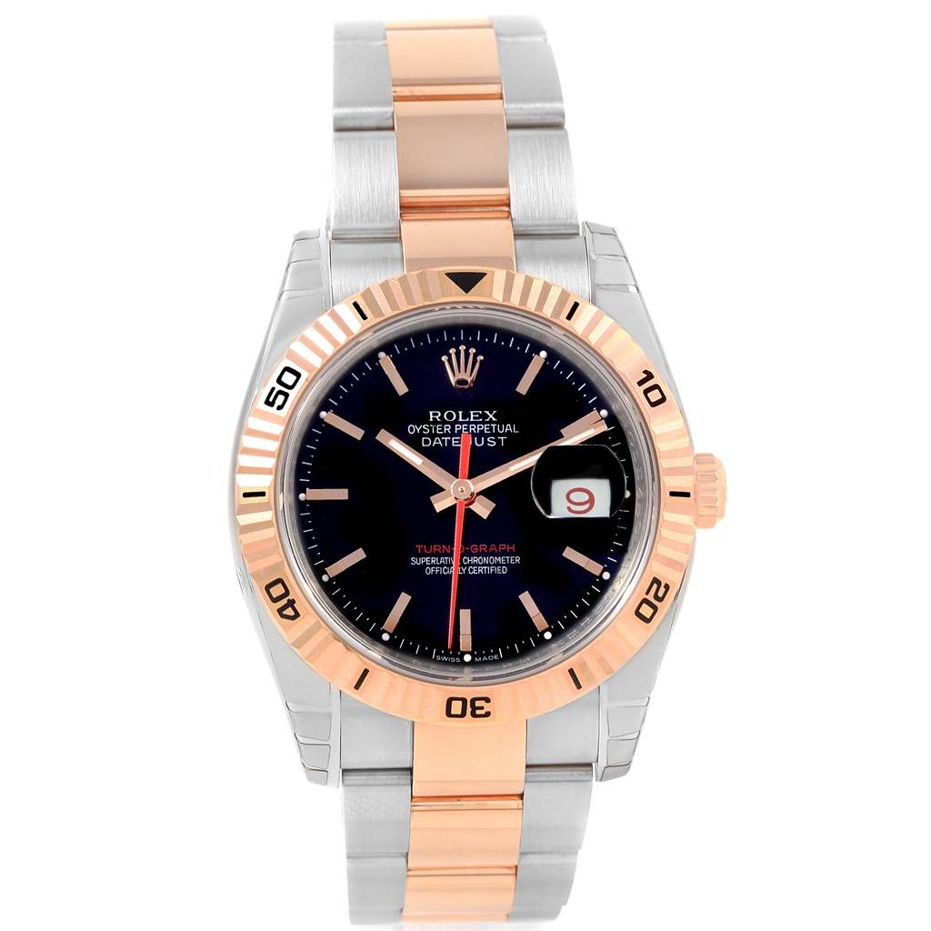 The image shows a front view of the Rolex Turn-o-Graph 116261 Men's Stainless Steel Black Dial 116261 Men's Stainless Steel Black Dial watch, highlighting its dial, bezel, and two-tone bracelet.