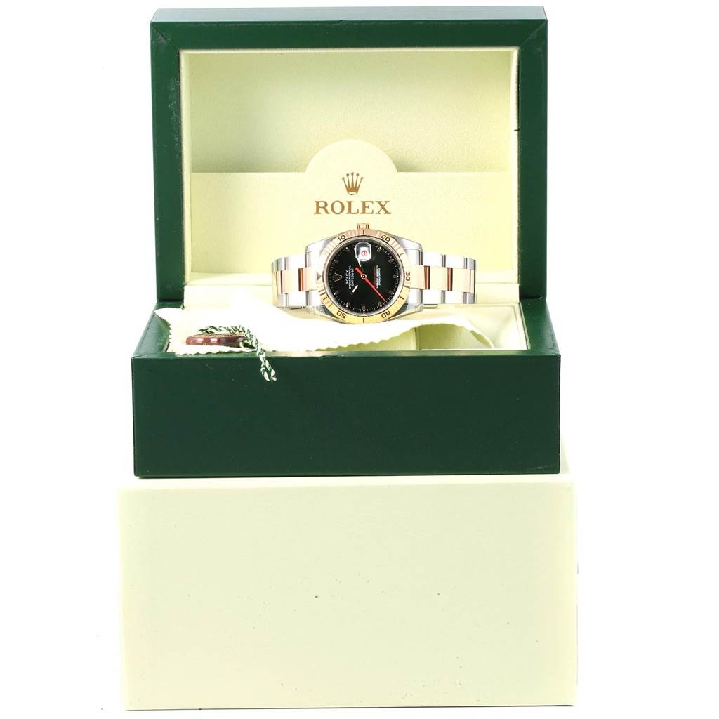The image shows the Rolex Turn-o-Graph 116261 Men's Stainless Steel Black Dial 116261 Men's Stainless Steel Black Dial watch in its open luxury presentation box, highlighting the watch face and bracelet.