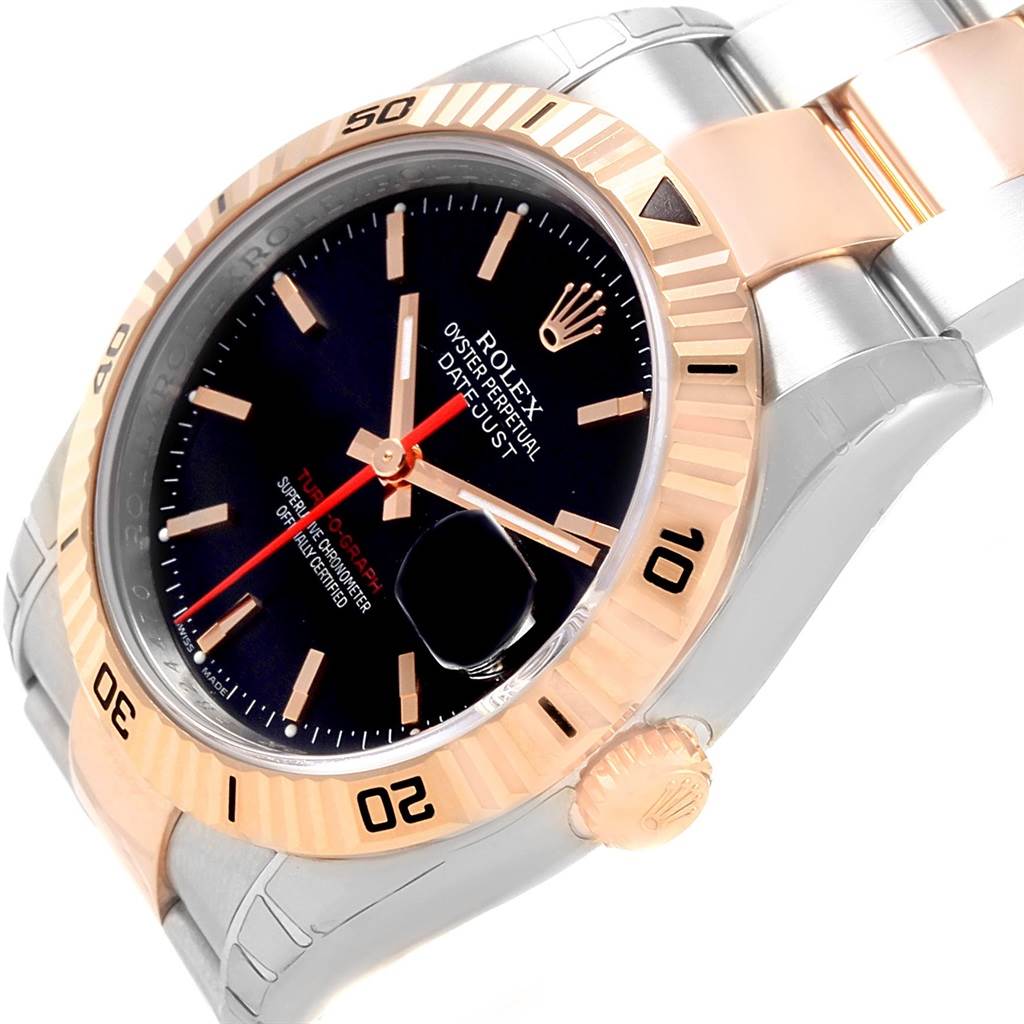 The image shows a close-up view of the Rolex Turn-o-Graph 116261 Men's Stainless Steel Black Dial 116261 Men's Stainless Steel Black Dial watch, focusing on its dial, bezel, crown, and part of the bracelet.