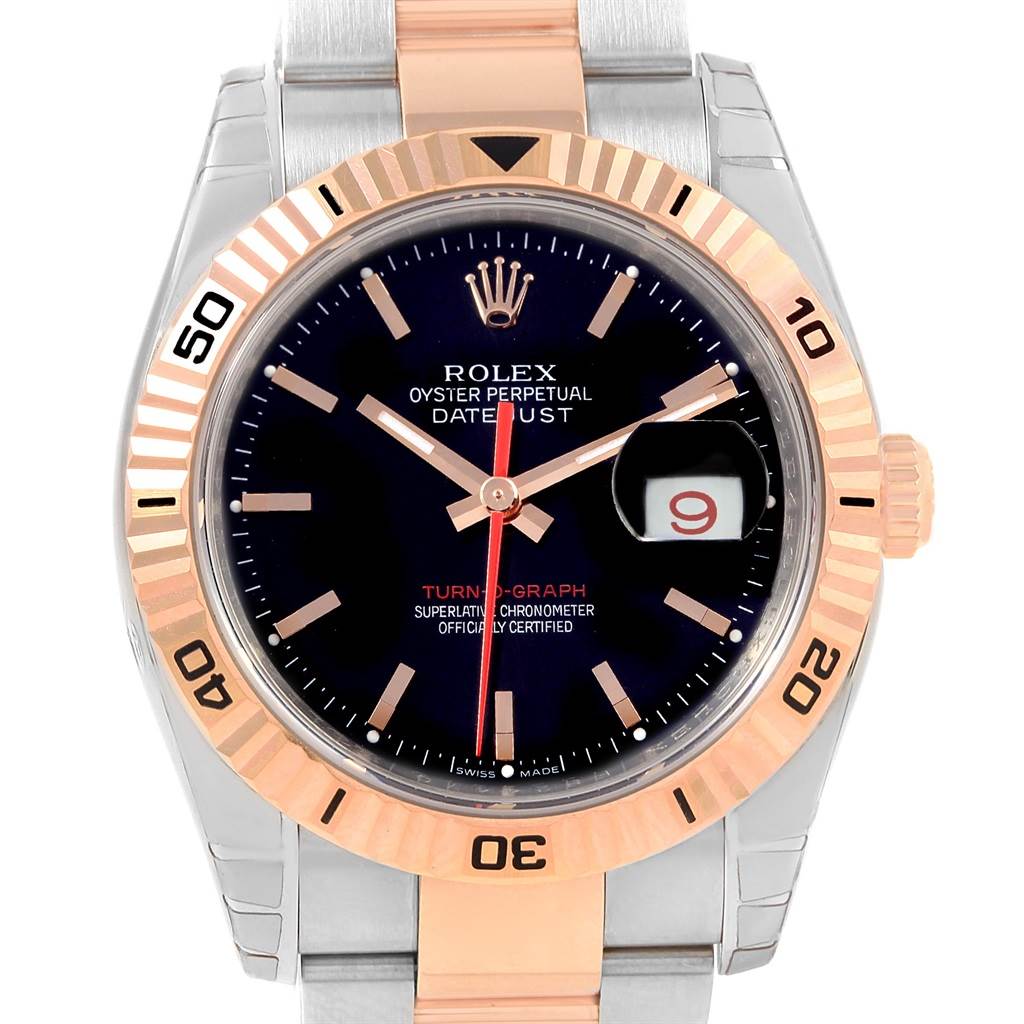 The image shows a Turn-o-Graph model watch by Rolex from a front angle, highlighting the dial, hands, bezel, and part of the bracelet.