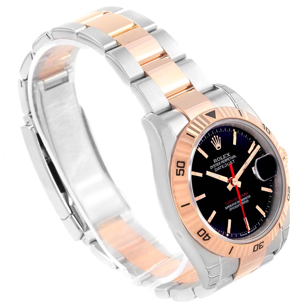 The Rolex Turn-o-Graph 116261 Men's Stainless Steel Black Dial 116261 Men's Stainless Steel Black Dial watch is shown in a side angle, highlighting its two-tone metal bracelet and detailed bezel.