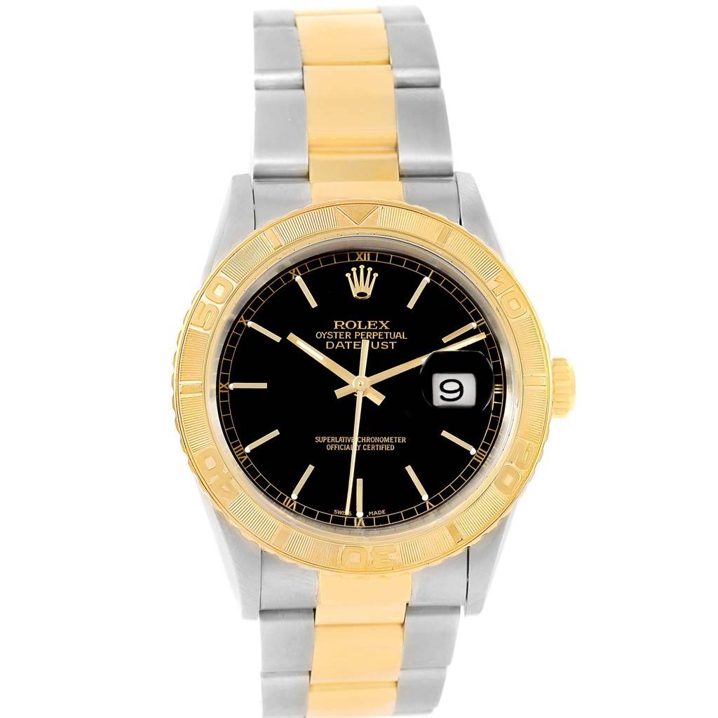 The Rolex Turn-o-Graph 16263 Men's Steel and Gold (two tone) Black Dial 16263 Men's Steel and Gold (two tone) Black Dial watch is shown from the front, displaying its dial, bezel, crown, and bracelet.