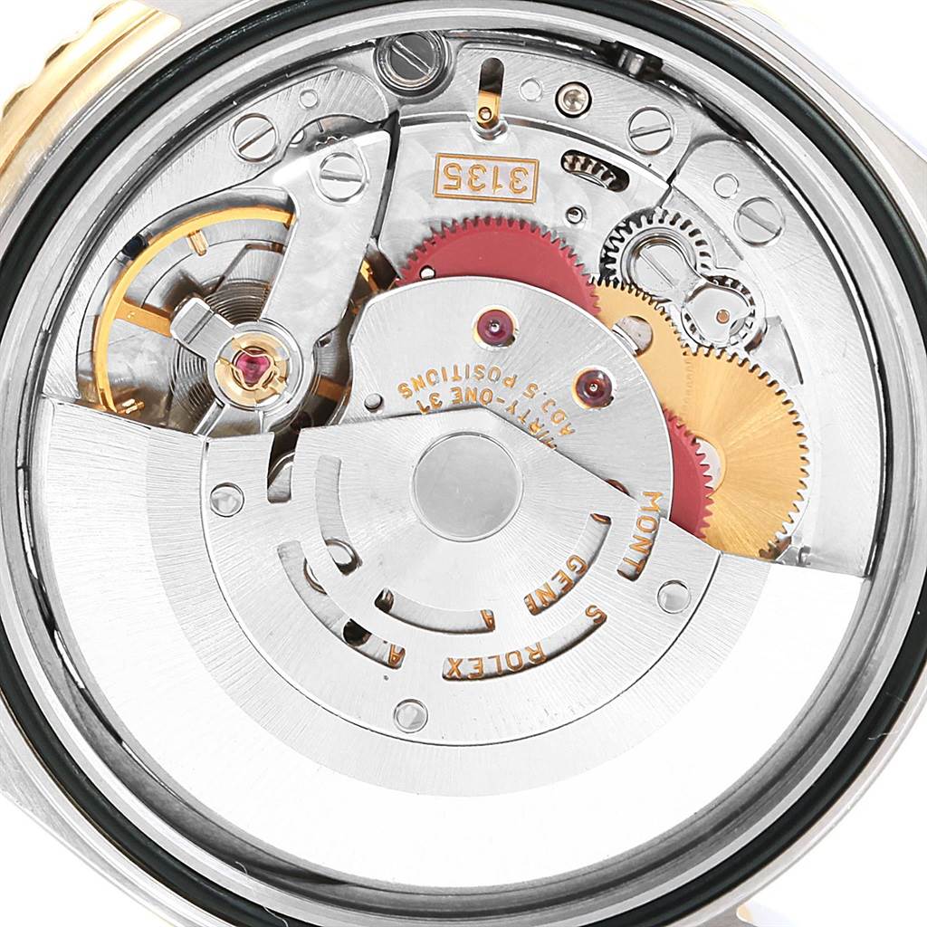 The image shows the movement mechanism of a Rolex Turn-o-Graph 16263 Men's Steel and Gold (two tone) Black Dial 16263 Men's Steel and Gold (two tone) Black Dial watch from a back perspective.