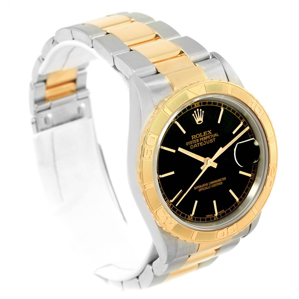 The image shows a Rolex Turn-o-Graph 16263 Men's Steel and Gold (two tone) Black Dial 16263 Men's Steel and Gold (two tone) Black Dial watch angled slightly from above, highlighting the face, bezel, and bracelet.