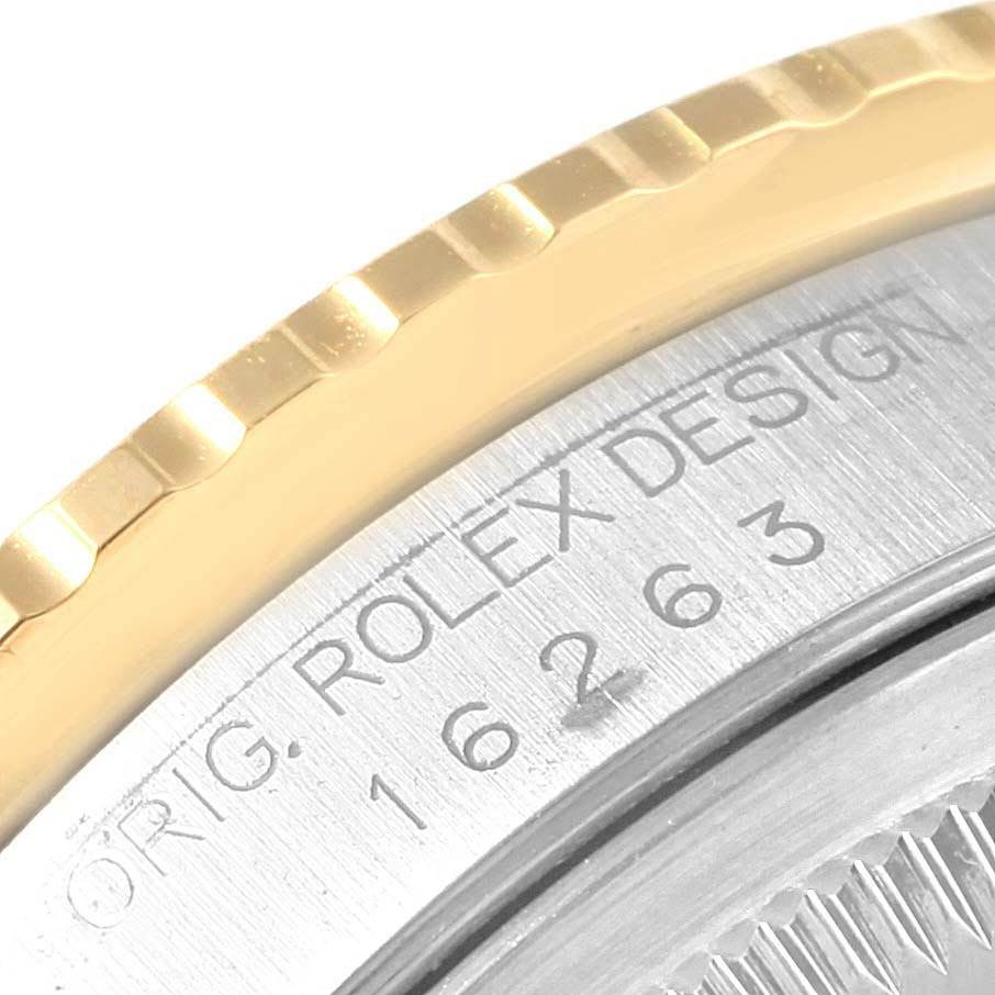 The image shows a close-up of the bezel and case side of a Rolex Turn-o-Graph 16263 Men's Steel and Gold (two tone) Black Dial 16263 Men's Steel and Gold (two tone) Black Dial watch, displaying the model number and "ROLEX DESIGN" engraving.