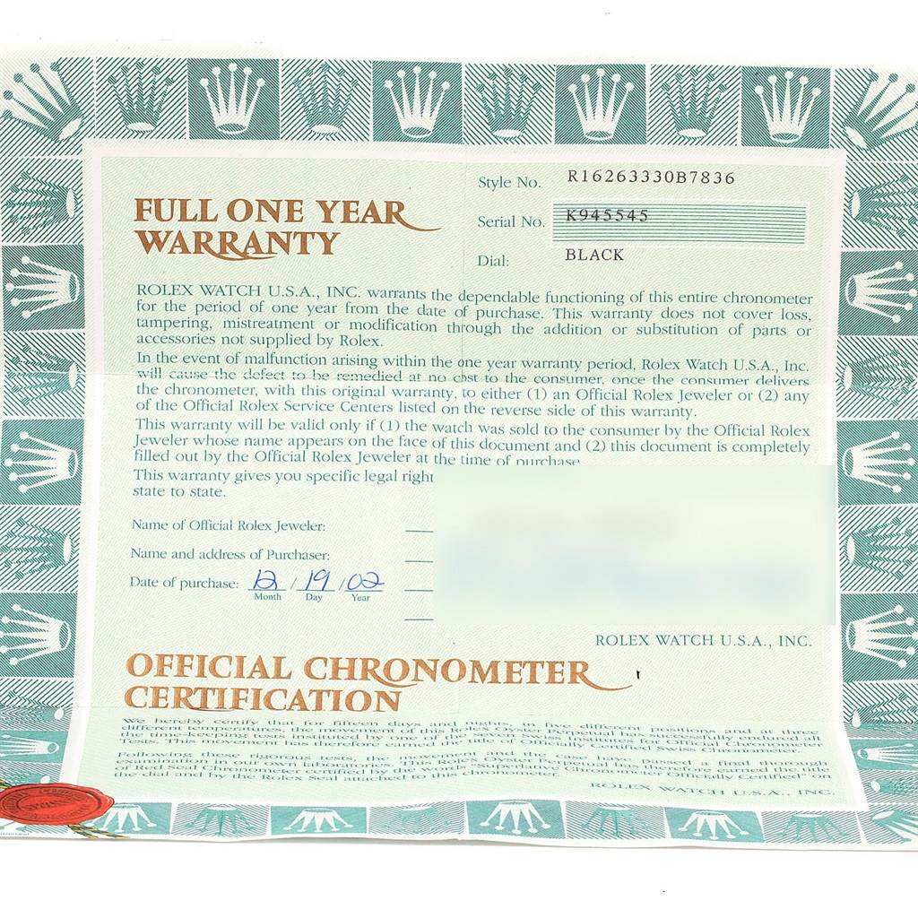 This image shows a Rolex Turn-o-Graph 16263 Men's Steel and Gold (two tone) Black Dial 16263 Men's Steel and Gold (two tone) Black Dial model's one-year warranty certificate.