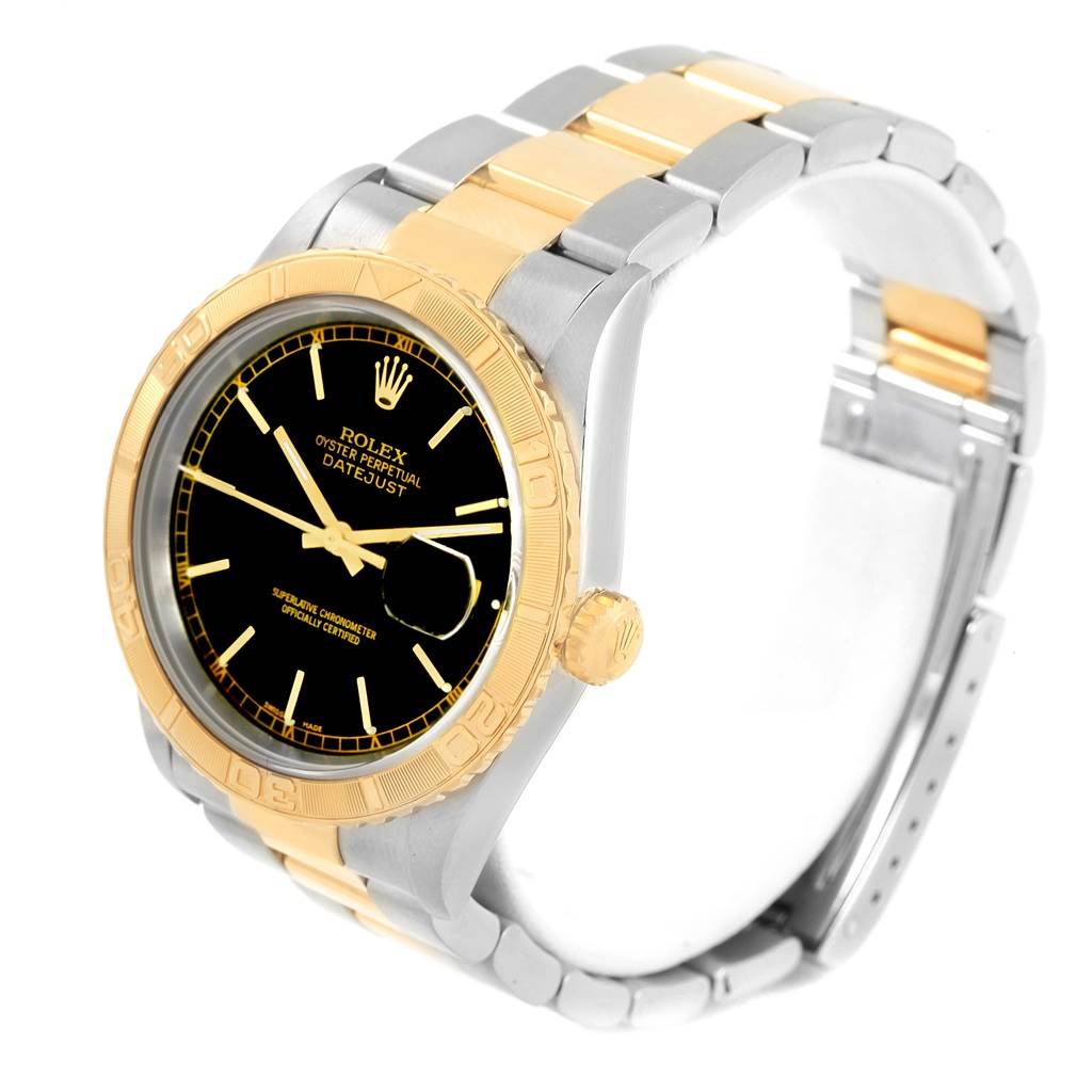 The image shows a three-quarter side view of a Rolex Turn-o-Graph 16263 Men's Steel and Gold (two tone) Black Dial 16263 Men's Steel and Gold (two tone) Black Dial watch, highlighting the bezel, dial, and bracelet.