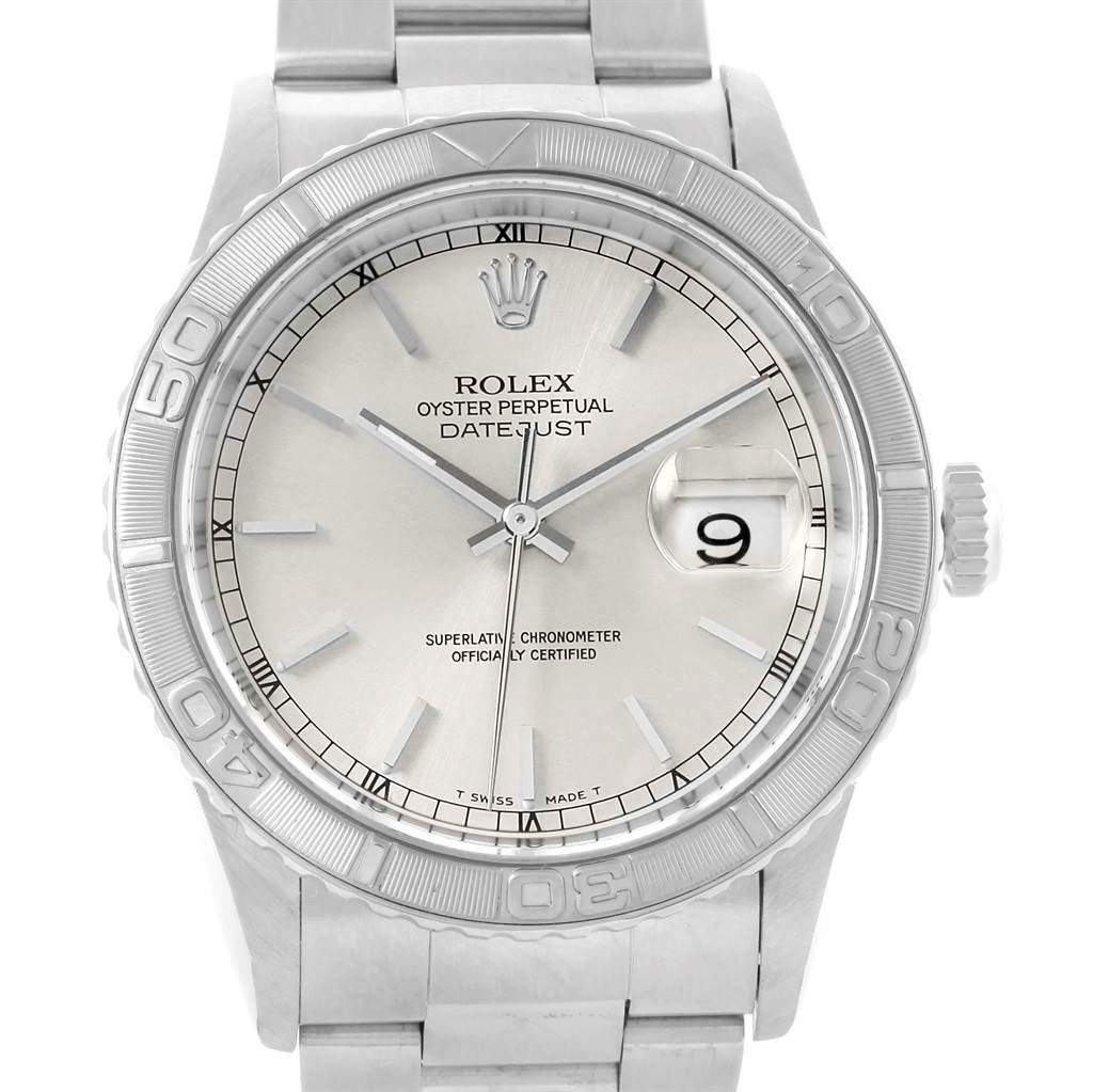 This image shows a Rolex Turn-o-Graph 16264 Men's Stainless Steel Silver Dial 16264 Men's Stainless Steel Silver Dial watch from the front, displaying its face, bezel, crown, and part of the bracelet.
