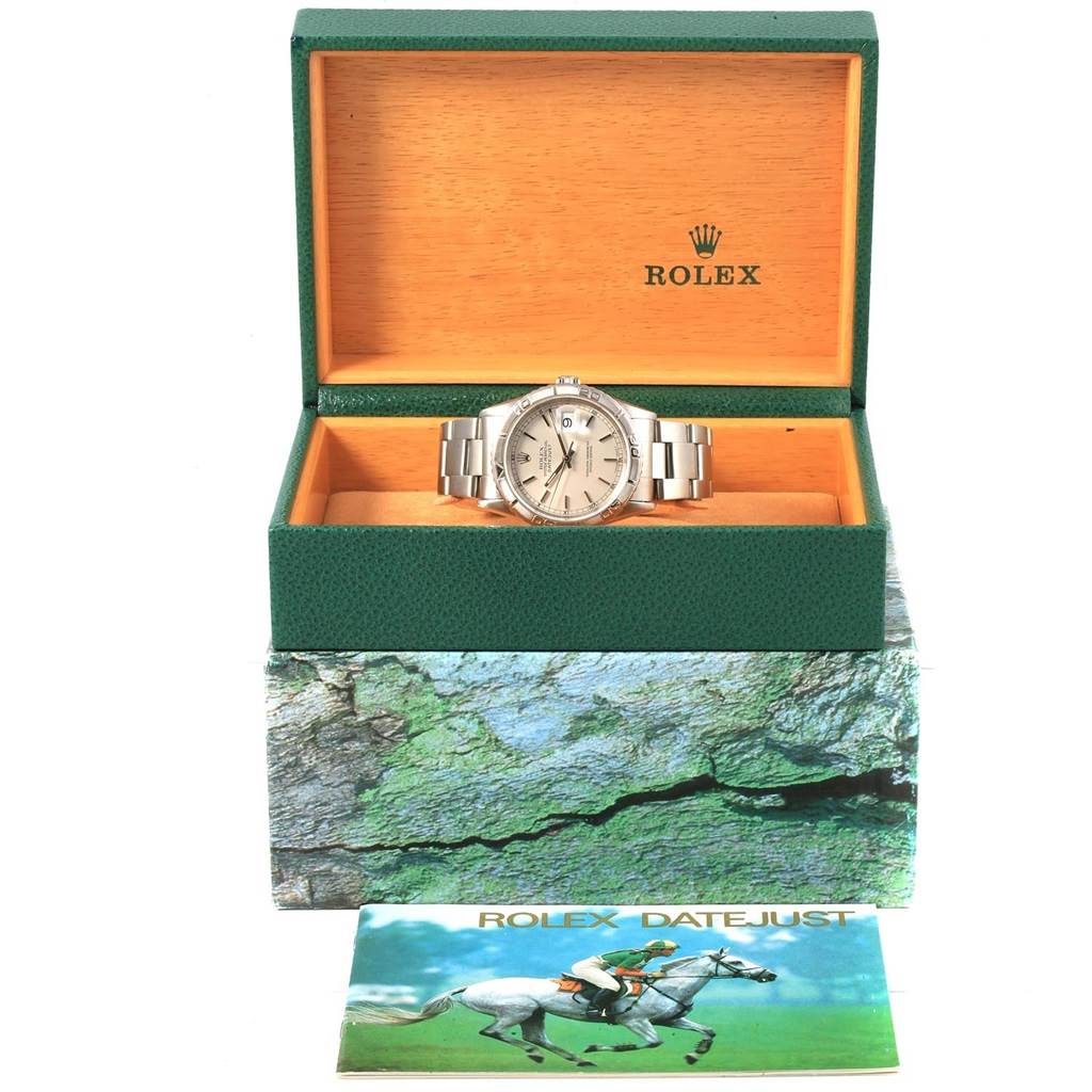 The image shows a Rolex Turn-o-Graph 16264 Men's Stainless Steel Silver Dial 16264 Men's Stainless Steel Silver Dial watch placed inside its open green and wooden box, with a Rolex Datejust booklet in front.