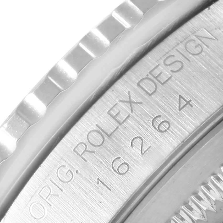 The image shows a close-up of the casing and bezel of a Rolex Turn-o-Graph 16264 Men's Stainless Steel Silver Dial 16264 Men's Stainless Steel Silver Dial watch, highlighting the engraved model number and "Rolex Design."