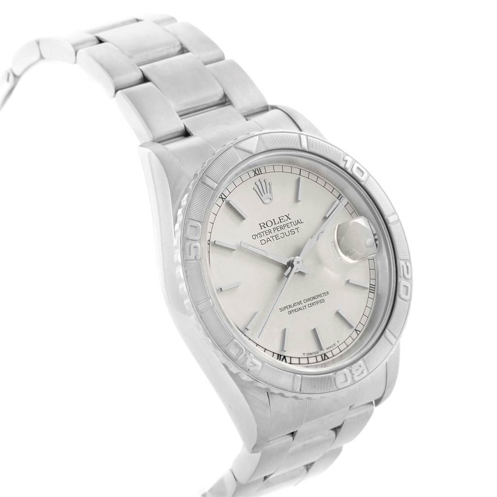 This image shows a Rolex Turn-o-Graph 16264 Men's Stainless Steel Silver Dial 16264 Men's Stainless Steel Silver Dial watch from a three-quarter angle, highlighting the dial, bezel, and part of the bracelet.