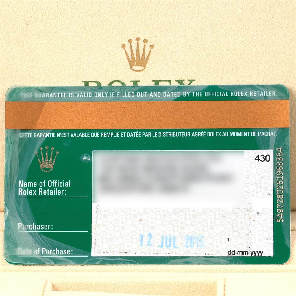 The image shows a Rolex warranty card for a Turn-o-Graph model, with visible branding and purchase details.