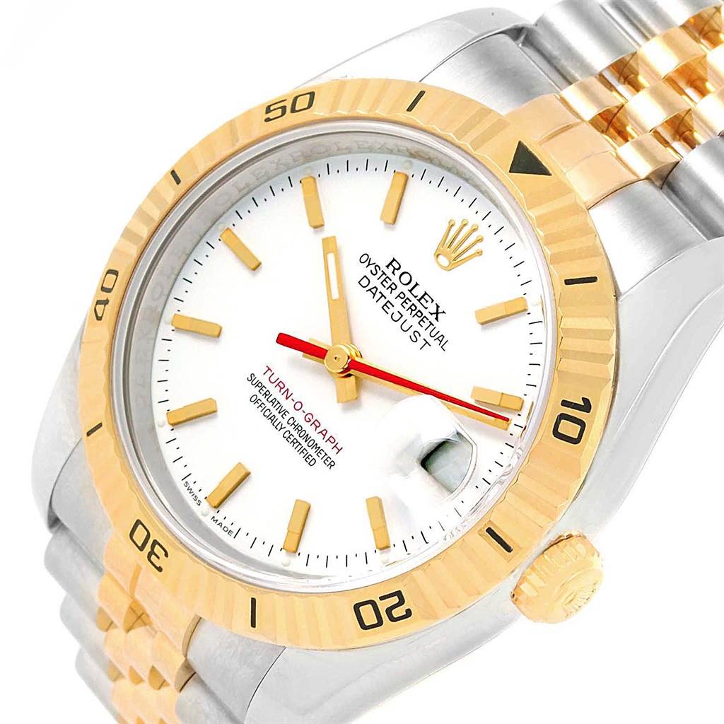 The Rolex Turn-o-Graph 116263 Men
s Stainless Steel White Dial 116263 Men
s Stainless Steel White Dial watch is shown from a slight overhead angle, displaying the dial, bezel, and part of the bracelet.