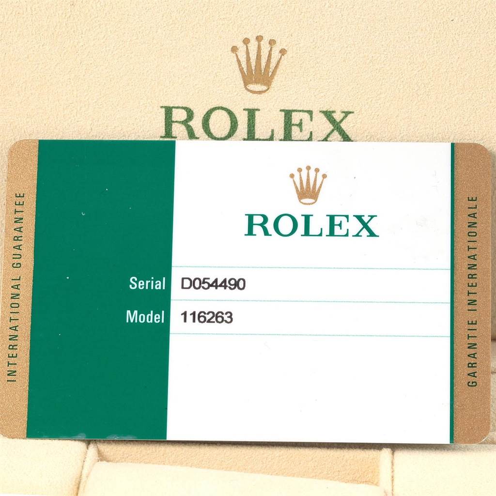 The image shows a Rolex International Guarantee card for the Turn-o-Graph model with the serial number D054490 and model number 116263.