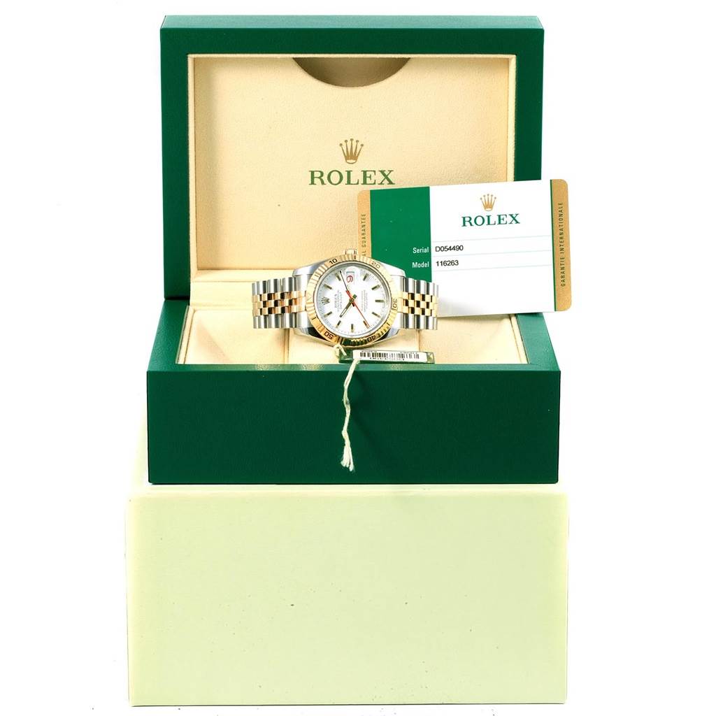 The image shows a Rolex Turn-o-Graph 116263 Men
s Stainless Steel White Dial 116263 Men
s Stainless Steel White Dial watch in its box, with a visible certificate and tag.