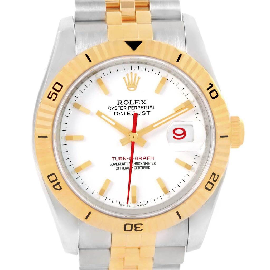 The image shows a front view of the Rolex Turn-o-Graph 116263 Men
s Stainless Steel White Dial 116263 Men
s Stainless Steel White Dial watch, highlighting its face, bezel, and part of the two-tone bracelet.