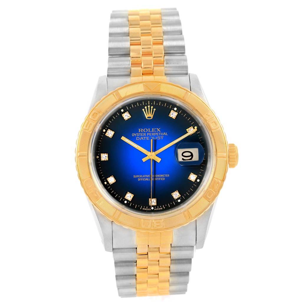 The image shows a front view of the Rolex Turn-o-Graph 16263 Men
s Steel and Gold (two tone) Blue Dial 16263 Men
s Steel and Gold (two tone) Blue Dial watch, featuring a gold bezel, blue dial, and two-tone metal band.