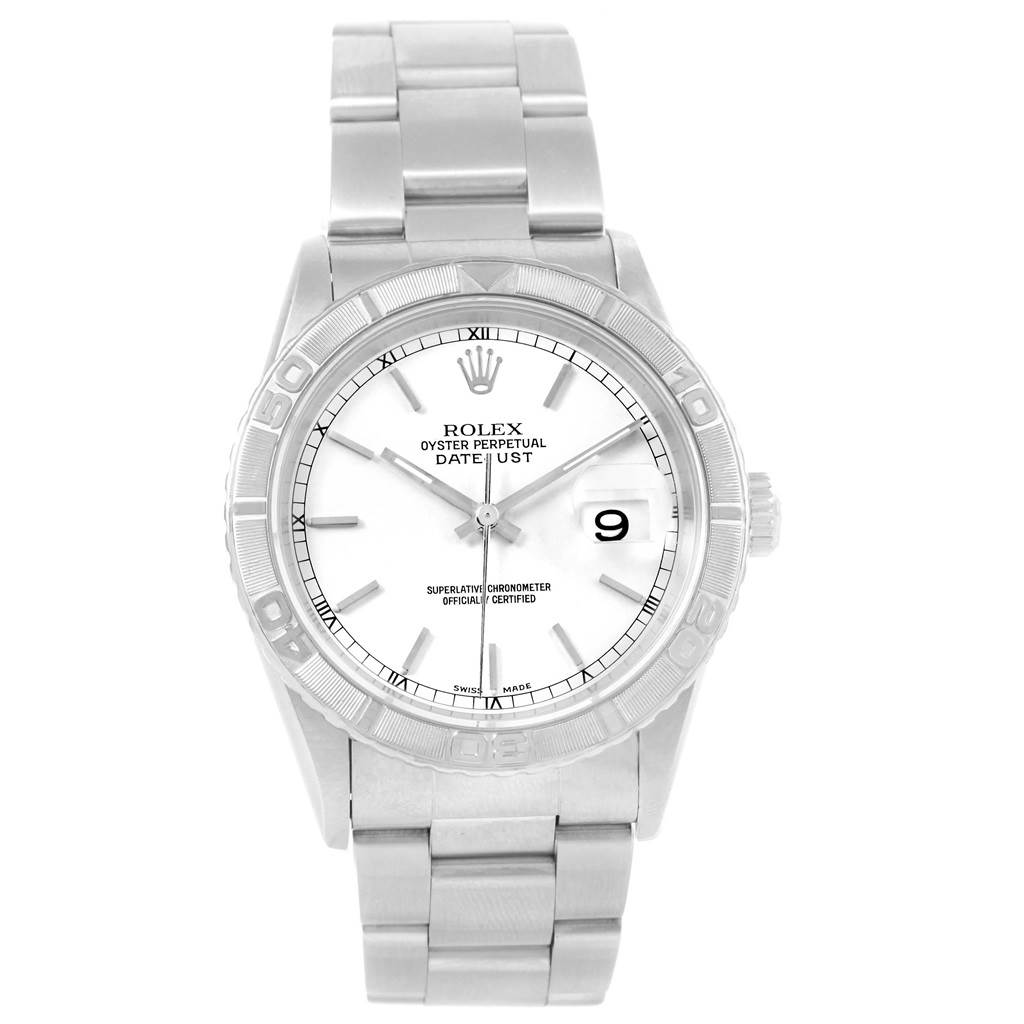 The image shows a front view of a Rolex Turn-o-Graph 16264 Men's Stainless Steel White Dial 16264 Men's Stainless Steel White Dial watch, highlighting the dial, bezel, bracelet, and date window.