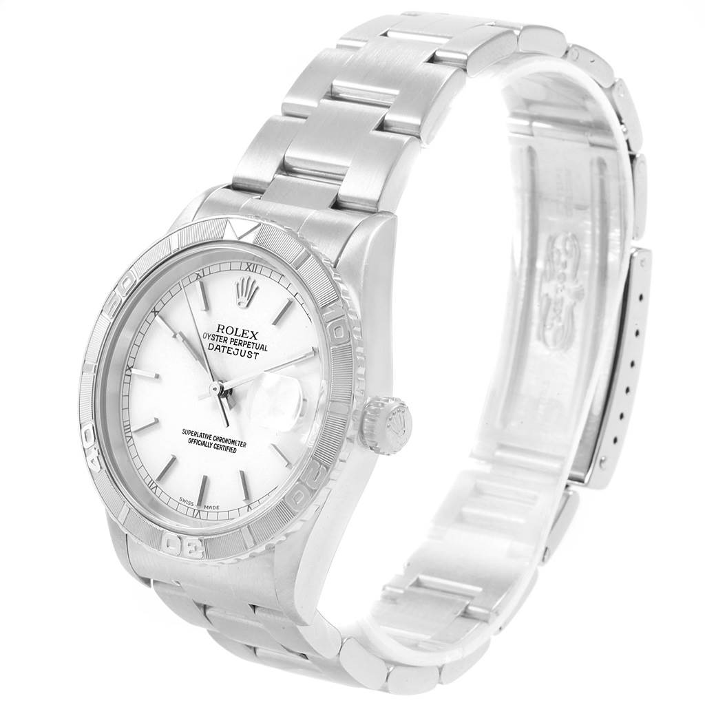 The image shows a Rolex Turn-o-Graph 16264 Men's Stainless Steel White Dial 16264 Men's Stainless Steel White Dial watch with a side view highlighting the bezel, dial, and bracelet.