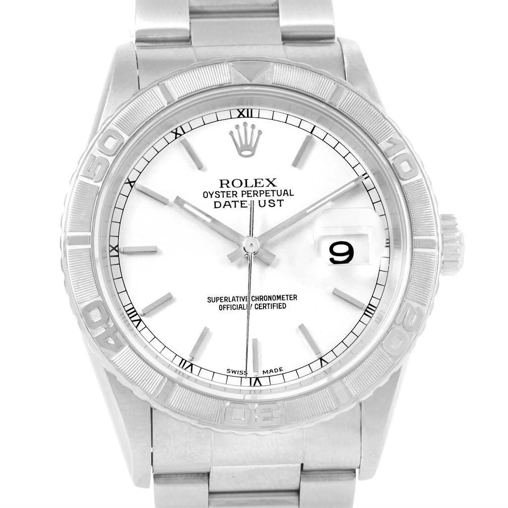 The image shows a front view of a Rolex Turn-o-Graph 16264 Men's Stainless Steel White Dial 16264 Men's Stainless Steel White Dial watch, highlighting the dial, bezel, and bracelet.