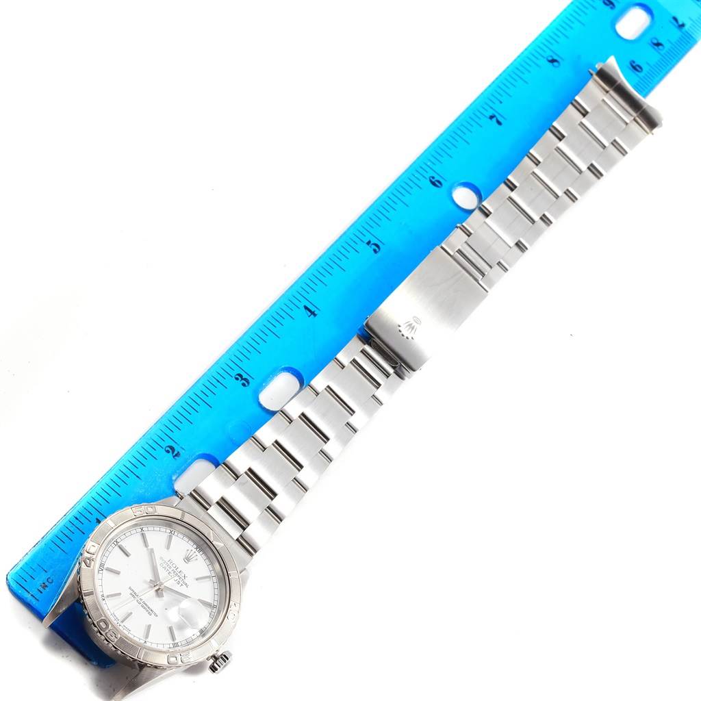 The image shows a Rolex Turn-o-Graph 16264 Men's Stainless Steel White Dial 16264 Men's Stainless Steel White Dial watch laid flat with a blue ruler, displaying the watch face and bracelet.