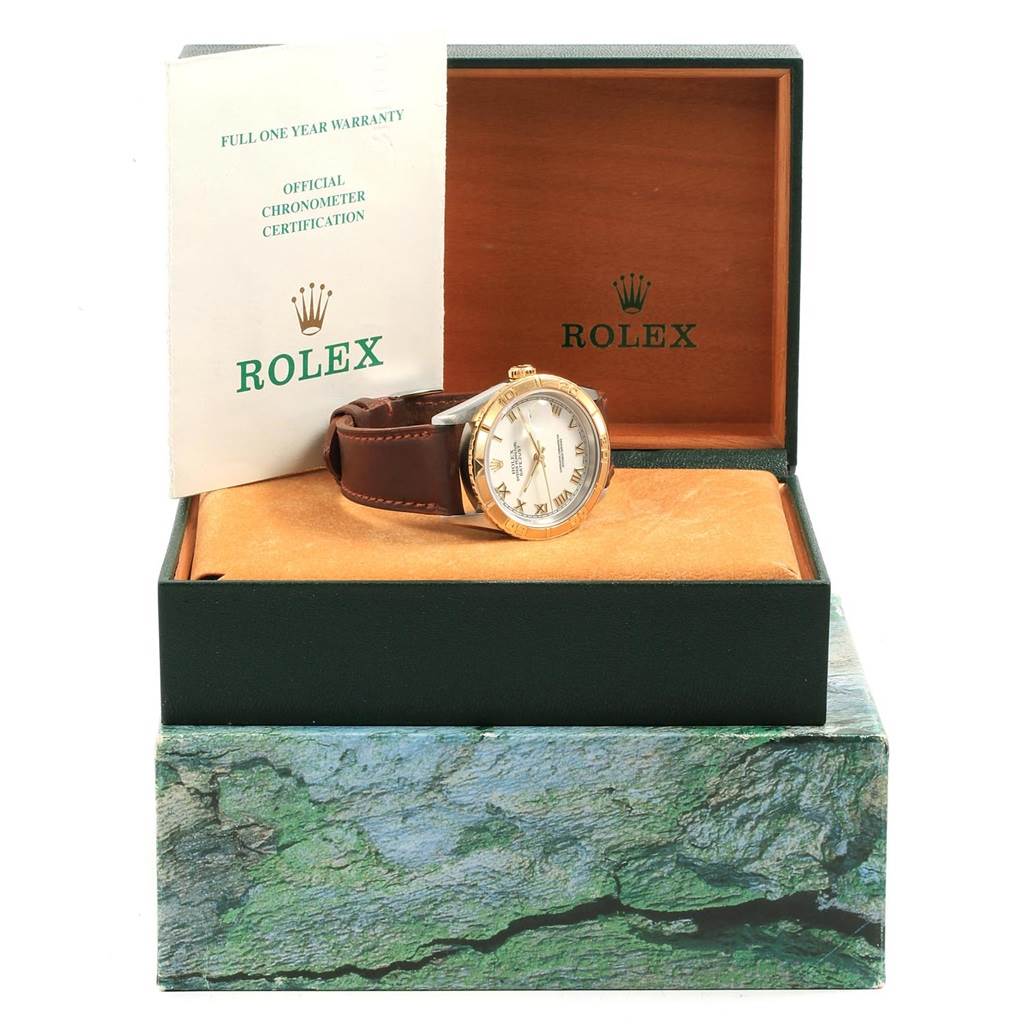 The image shows a Rolex Turn-o-Graph 16263 Men's Steel and Gold (two tone) White Dial 16263 Men's Steel and Gold (two tone) White Dial model watch in its box, viewed from an angled top-front perspective, with warranty and certification documents visible.