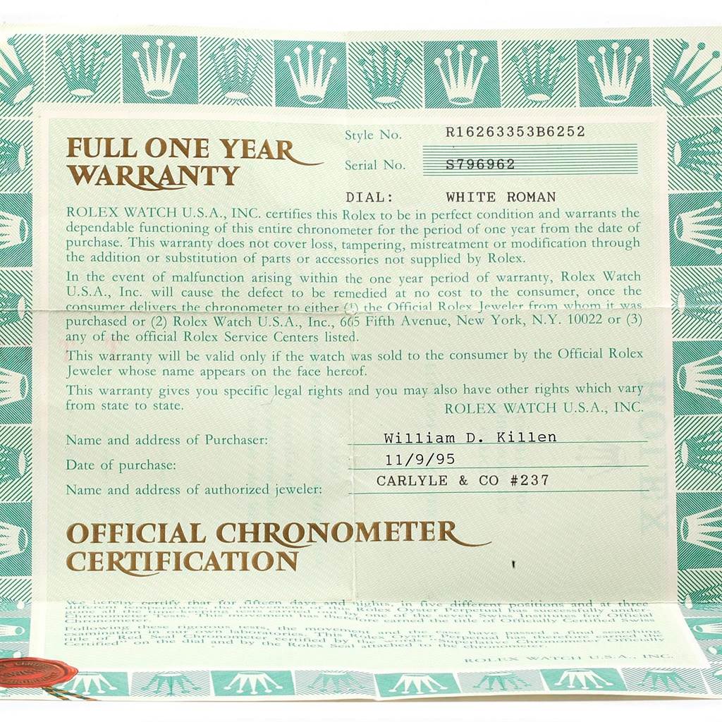 The image shows a warranty card for the Rolex Turn-o-Graph 16263 Men's Steel and Gold (two tone) White Dial 16263 Men's Steel and Gold (two tone) White Dial model, detailing the purchase date and purchaser's information.