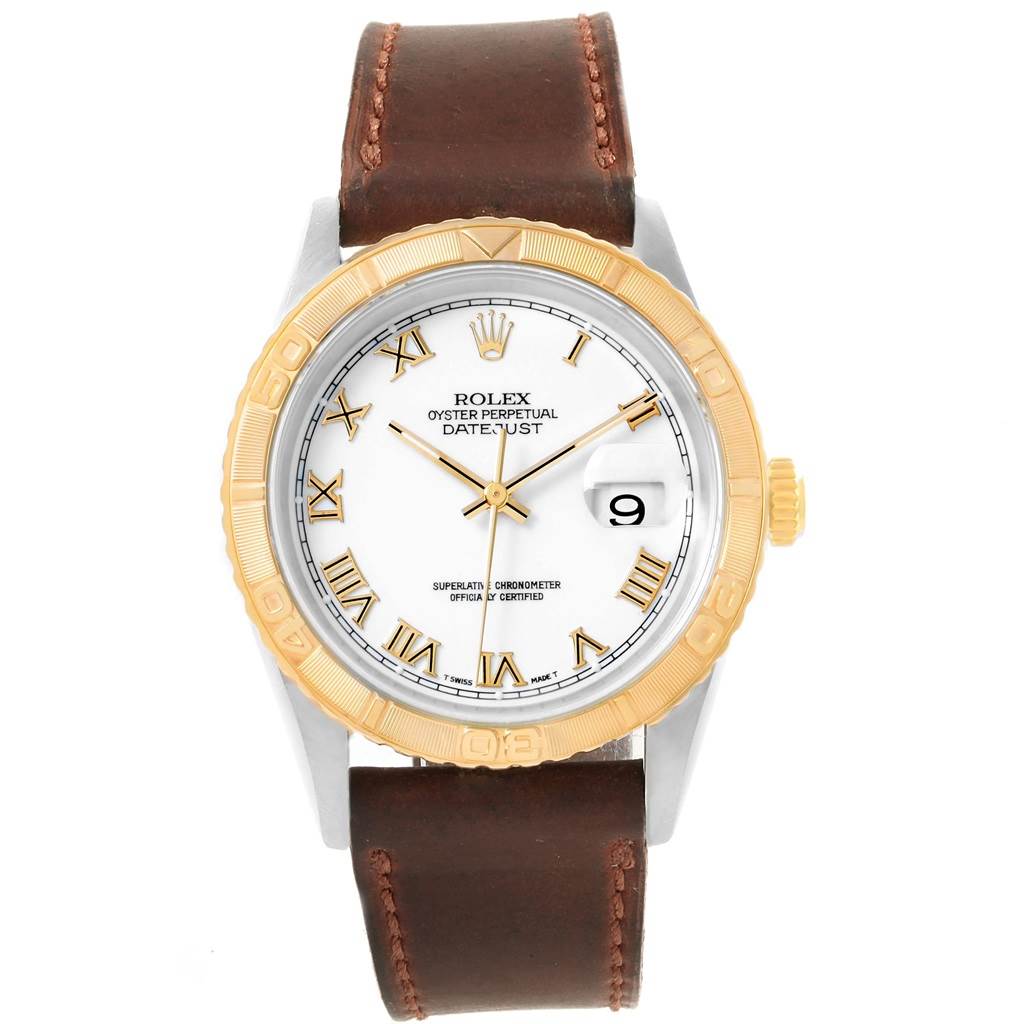 The image shows a Rolex Turn-o-Graph 16263 Men's Steel and Gold (two tone) White Dial 16263 Men's Steel and Gold (two tone) White Dial watch from a front angle, displaying its dial, bezel, crown, and leather strap.