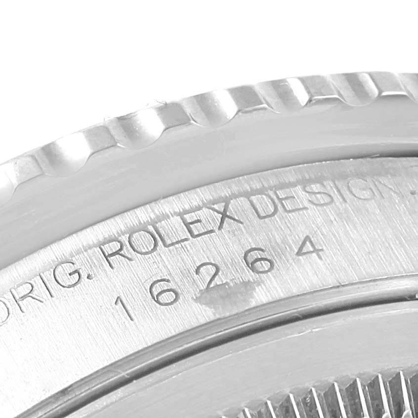 This image shows a close-up of the bezel and engraved case side of the Rolex Turn-o-Graph 16264 Men's Stainless Steel Black Dial 16264 Men's Stainless Steel Black Dial 16264 model.