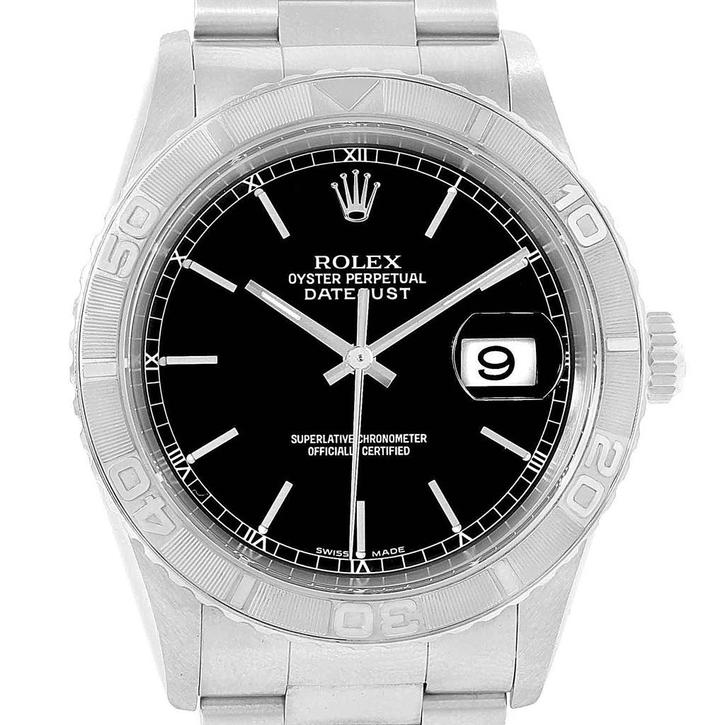 The image shows a front view of a Rolex Turn-o-Graph 16264 Men's Stainless Steel Black Dial 16264 Men's Stainless Steel Black Dial watch, highlighting the face, bezel, and part of the bracelet.