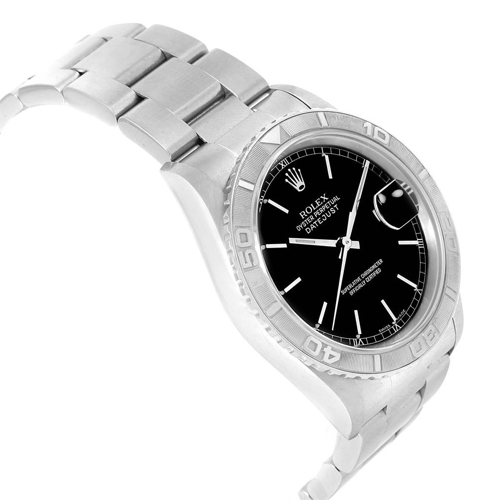 The image shows a side view of the Rolex Turn-o-Graph 16264 Men's Stainless Steel Black Dial 16264 Men's Stainless Steel Black Dial watch, highlighting the case, bezel, dial, bracelet, and clasp.