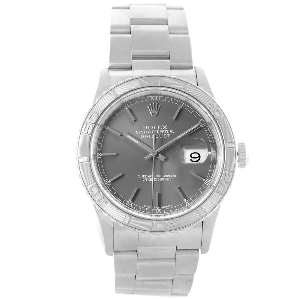 The image shows a frontal view of a Rolex Turn-o-Graph 16264 Men's Stainless Steel Grey Dial 16264 Men's Stainless Steel Grey Dial watch, displaying the face, bezel, and bracelet.