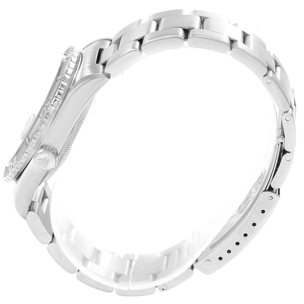 This image shows a side view of a Rolex Turn-o-Graph 16264 Men's Stainless Steel Grey Dial 16264 Men's Stainless Steel Grey Dial watch, focusing on its strap, crown, and case.