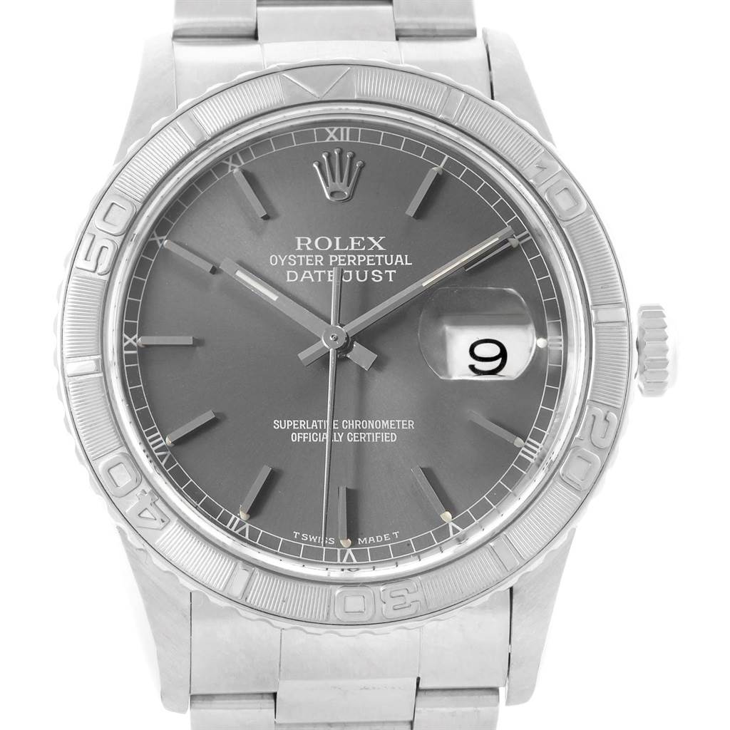The image shows a front view of a Rolex Turn-o-Graph 16264 Men's Stainless Steel Grey Dial 16264 Men's Stainless Steel Grey Dial watch, highlighting its dial, bezel, and bracelet.
