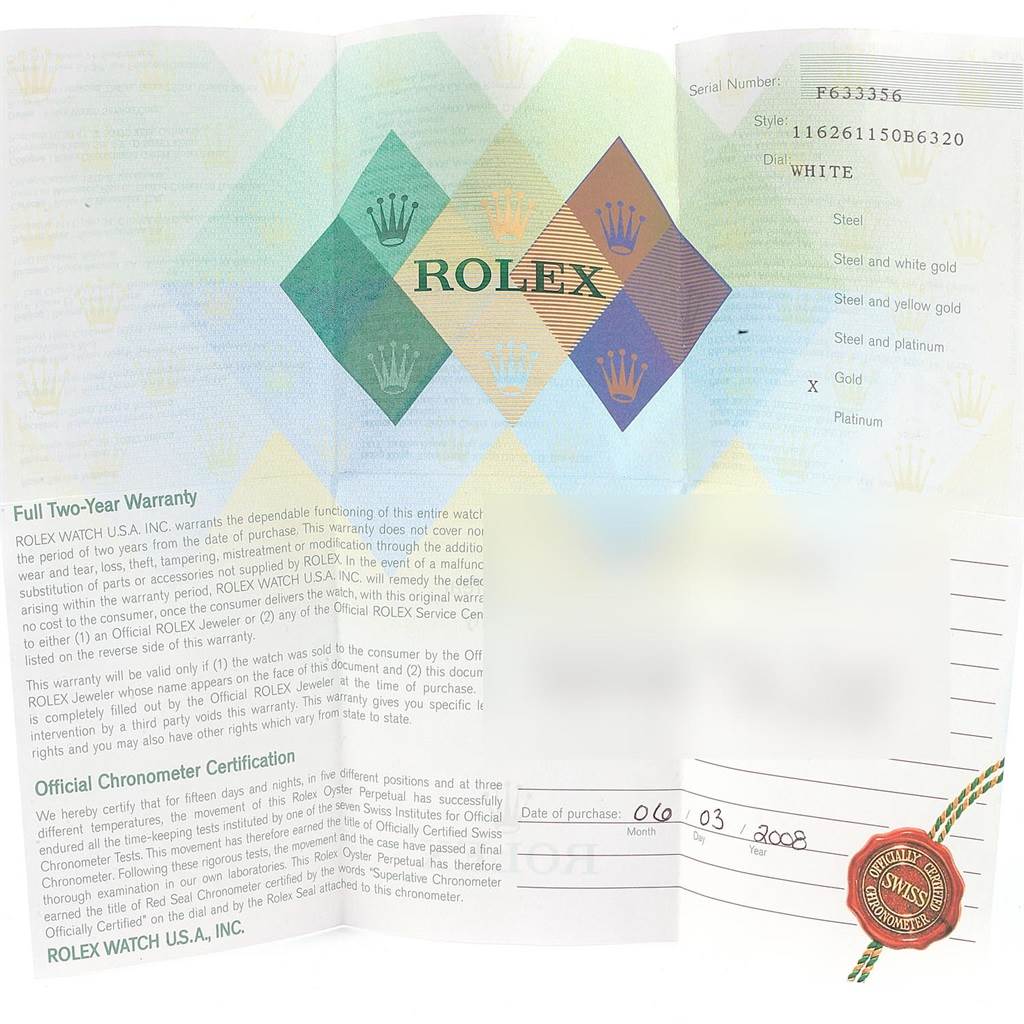 An official document for the Rolex Turn-o-Graph 116261 Men's Stainless Steel White Dial 116261 Men's Stainless Steel White Dial model, showing the warranty and chronometer certification, with a purchase date of 06/03/2008.