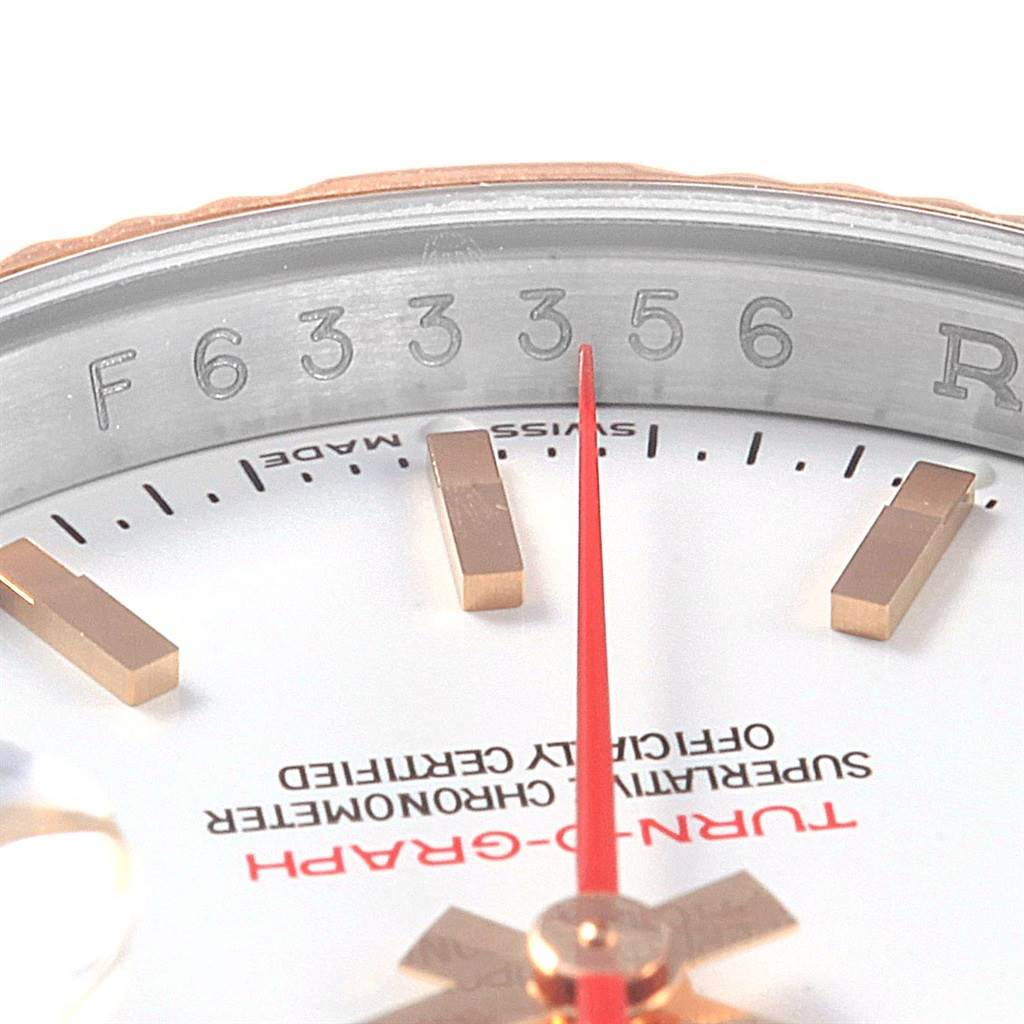 The image shows a close-up of the dial, hands, and part of the bezel of a Rolex Turn-o-Graph 116261 Men's Stainless Steel White Dial 116261 Men's Stainless Steel White Dial watch.