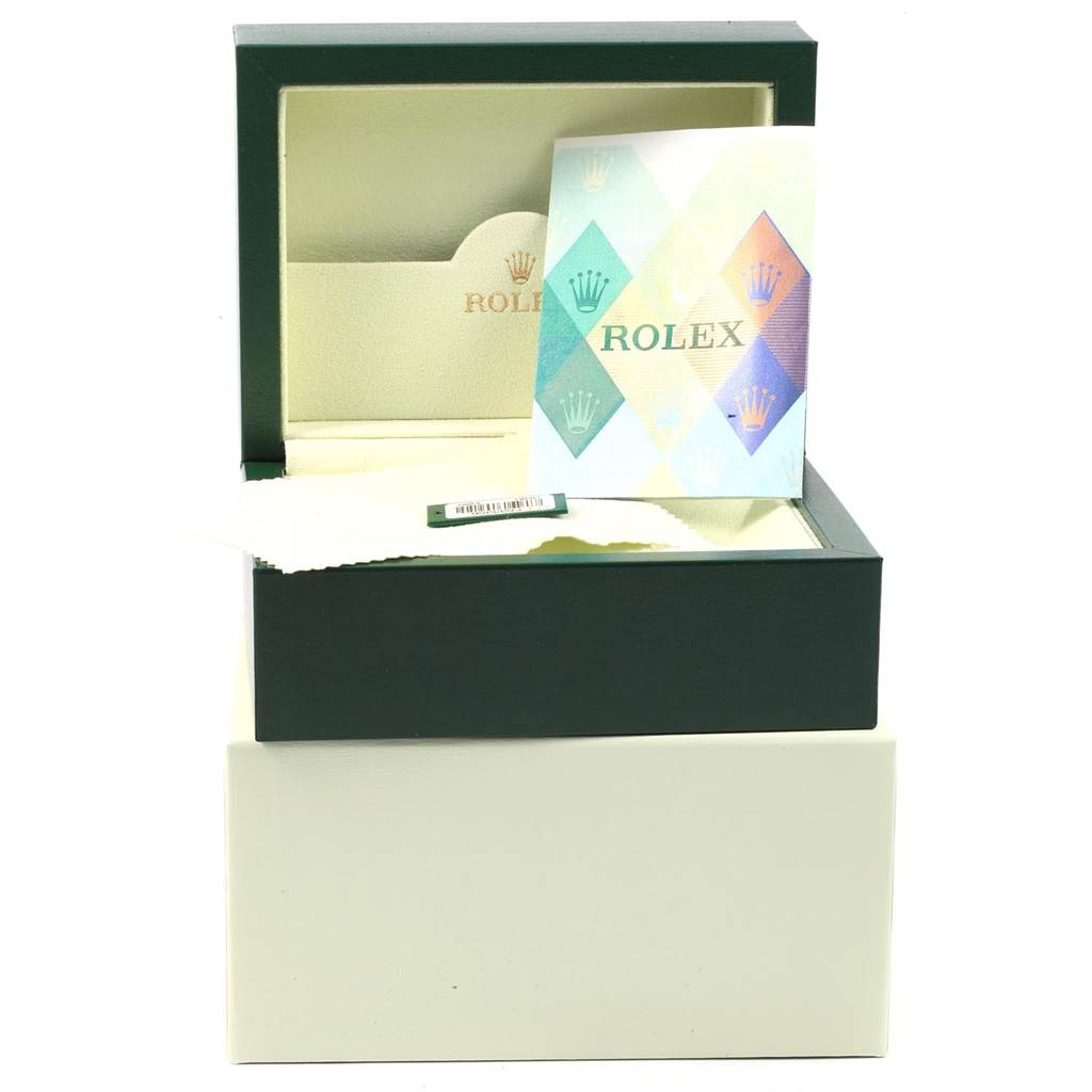 The image shows the packaging box and some documents for a Rolex Turn-o-Graph 116261 Men's Stainless Steel White Dial 116261 Men's Stainless Steel White Dial watch.