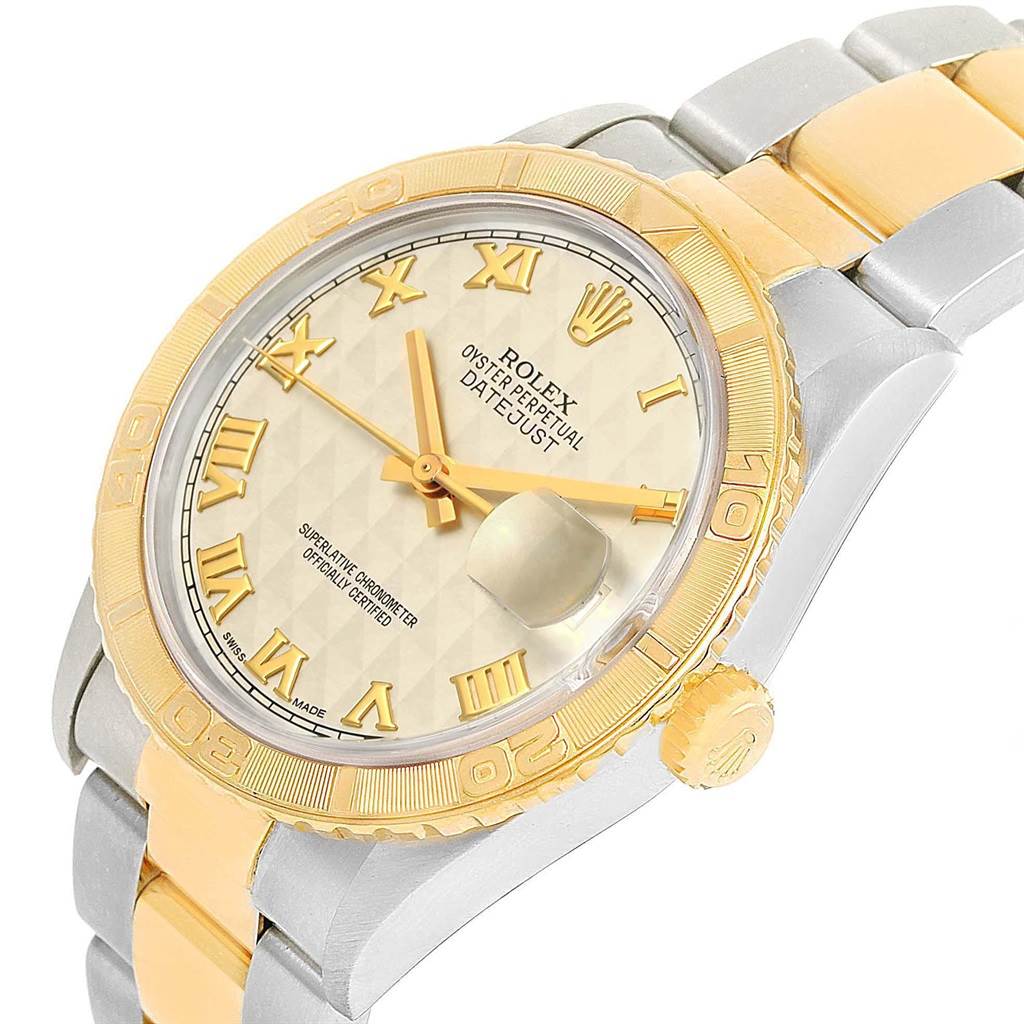 The image shows a Rolex Turn-o-Graph 16263 Men
s Steel and Gold (two tone) Beige Dial 16263 Men
s Steel and Gold (two tone) Beige Dial watch at an angled view, highlighting the bezel, dial, crown, and part of the two-tone bracelet.