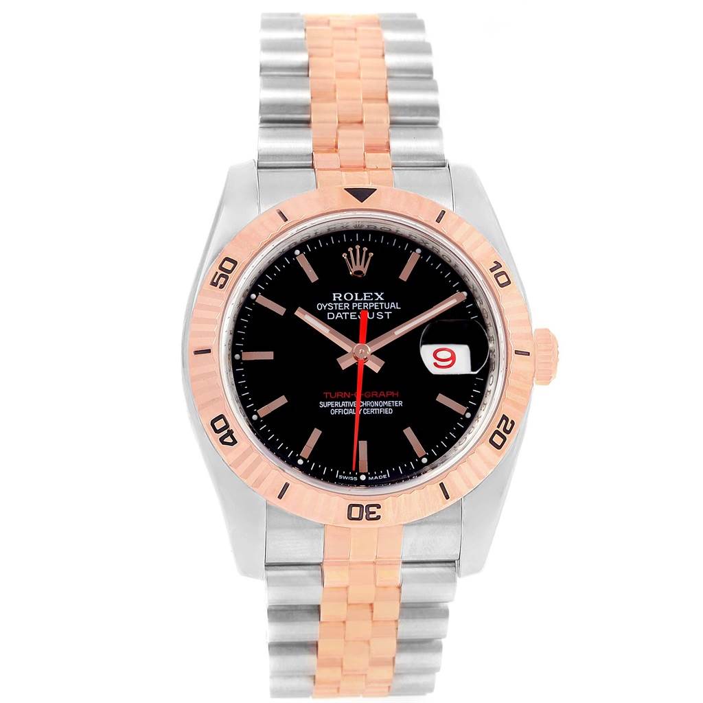 This image shows a Rolex Turn-o-Graph 116261 Men's Stainless Steel Black Dial 116261 Men's Stainless Steel Black Dial watch front view, displaying the dial, bezel, and two-tone bracelet.