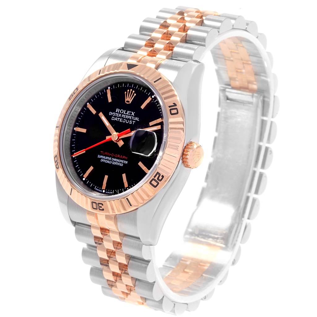 The image shows a Rolex Turn-o-Graph 116261 Men's Stainless Steel Black Dial 116261 Men's Stainless Steel Black Dial watch angled to display the black dial, rose gold-toned bezel, and two-tone bracelet.
