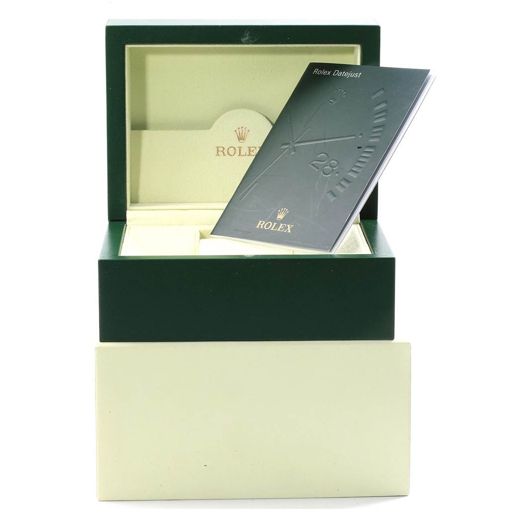 The image shows the open box and manual booklet for the Rolex Turn-o-Graph 116261 Men's Stainless Steel Black Dial 116261 Men's Stainless Steel Black Dial watch model.