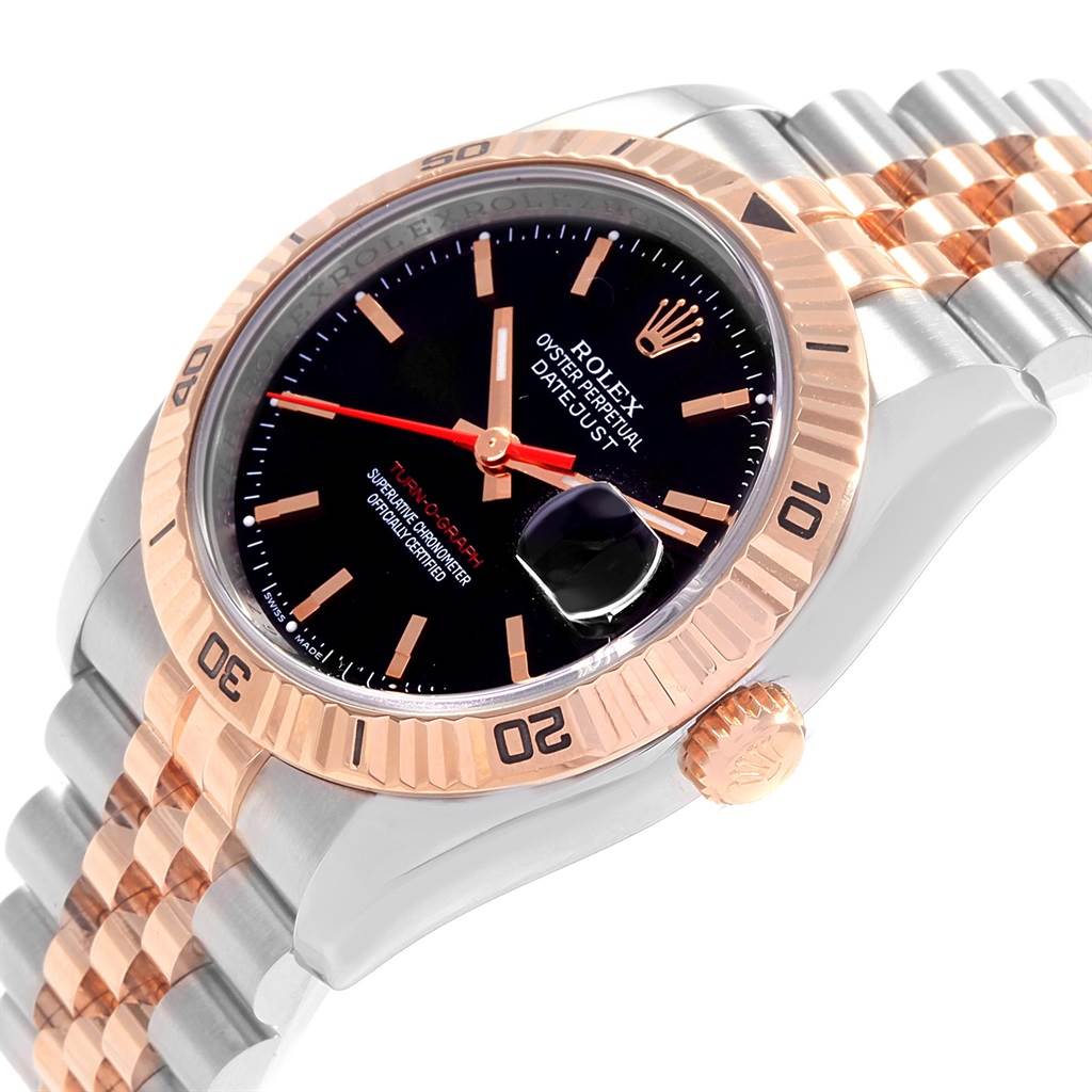 This image shows a Rolex Turn-o-Graph 116261 Men's Stainless Steel Black Dial 116261 Men's Stainless Steel Black Dial watch at an angle highlighting the dial, bezel, crown, and dual-tone bracelet.