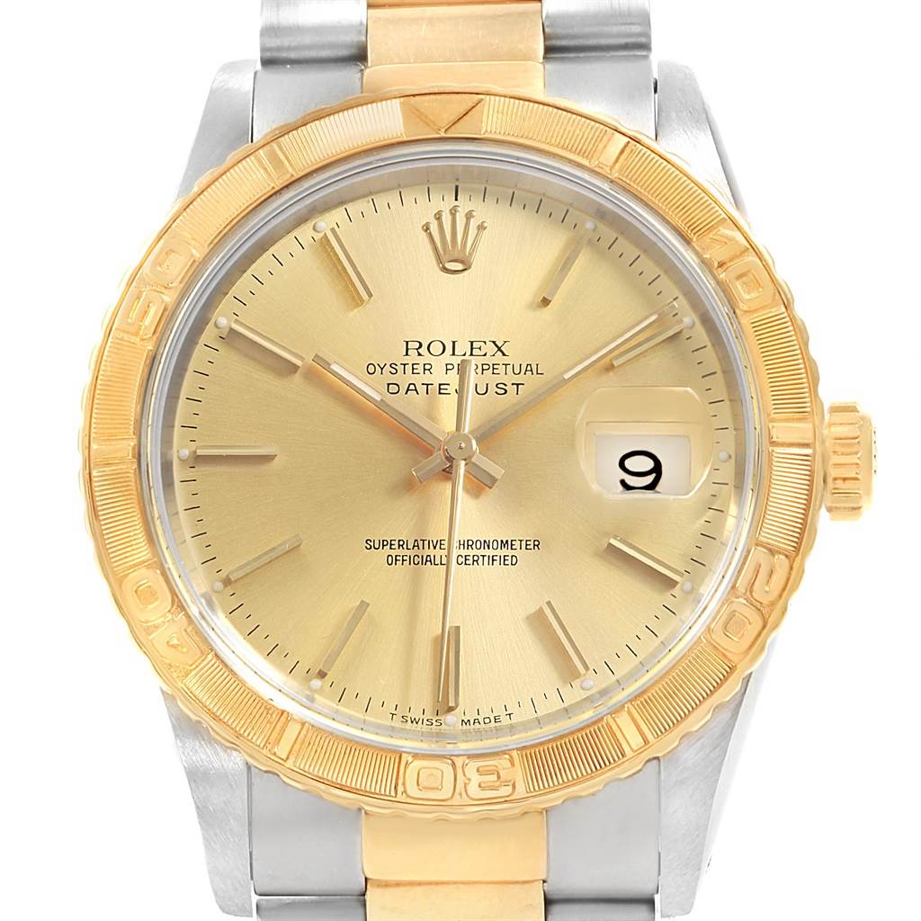 The image shows a front view of the Rolex Turn-o-Graph 16263 Men
s Steel and Gold (two tone) Champagne Dial 16263 Men
s Steel and Gold (two tone) Champagne Dial watch, highlighting the gold bezel, dial, and two-tone bracelet.