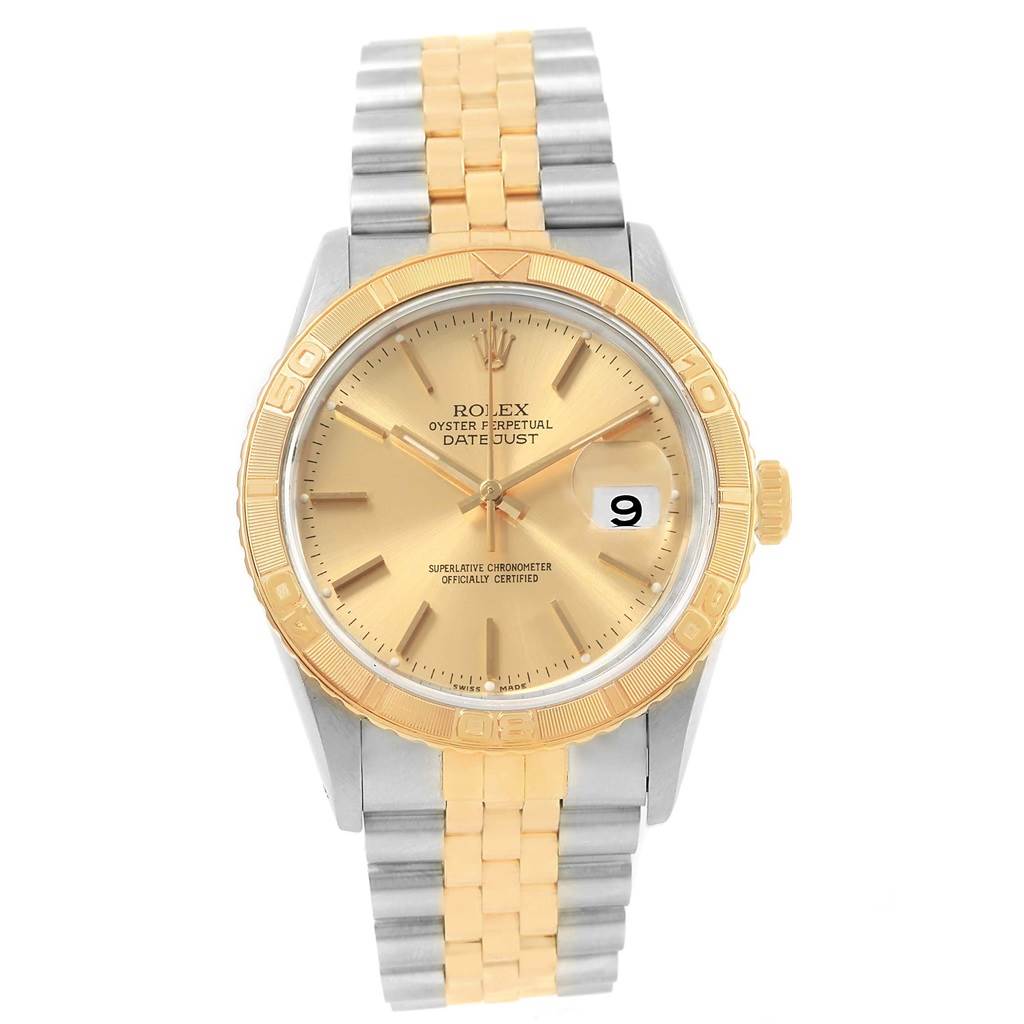 This image shows a Rolex Turn-o-Graph 16263 Men's Steel and Gold (two tone) Champagne Dial 16263 Men's Steel and Gold (two tone) Champagne Dial watch from the front, highlighting its bezel, dial, and two-tone bracelet.