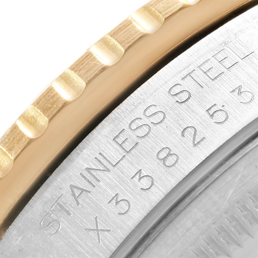 This close-up image shows the stainless steel case and part of the gold bezel of a Rolex Turn-o-Graph 16263 Men's Steel and Gold (two tone) Champagne Dial 16263 Men's Steel and Gold (two tone) Champagne Dial watch.