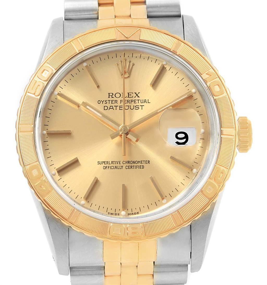 This image shows a frontal view of the Rolex Turn-o-Graph 16263 Men's Steel and Gold (two tone) Champagne Dial 16263 Men's Steel and Gold (two tone) Champagne Dial watch, highlighting its gold bezel, dial, and two-tone bracelet.