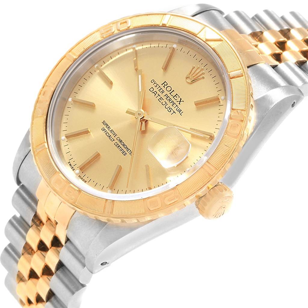 This image shows the face and partial bracelet of the Rolex Turn-o-Graph 16263 Men's Steel and Gold (two tone) Champagne Dial 16263 Men's Steel and Gold (two tone) Champagne Dial watch at a slight angle.