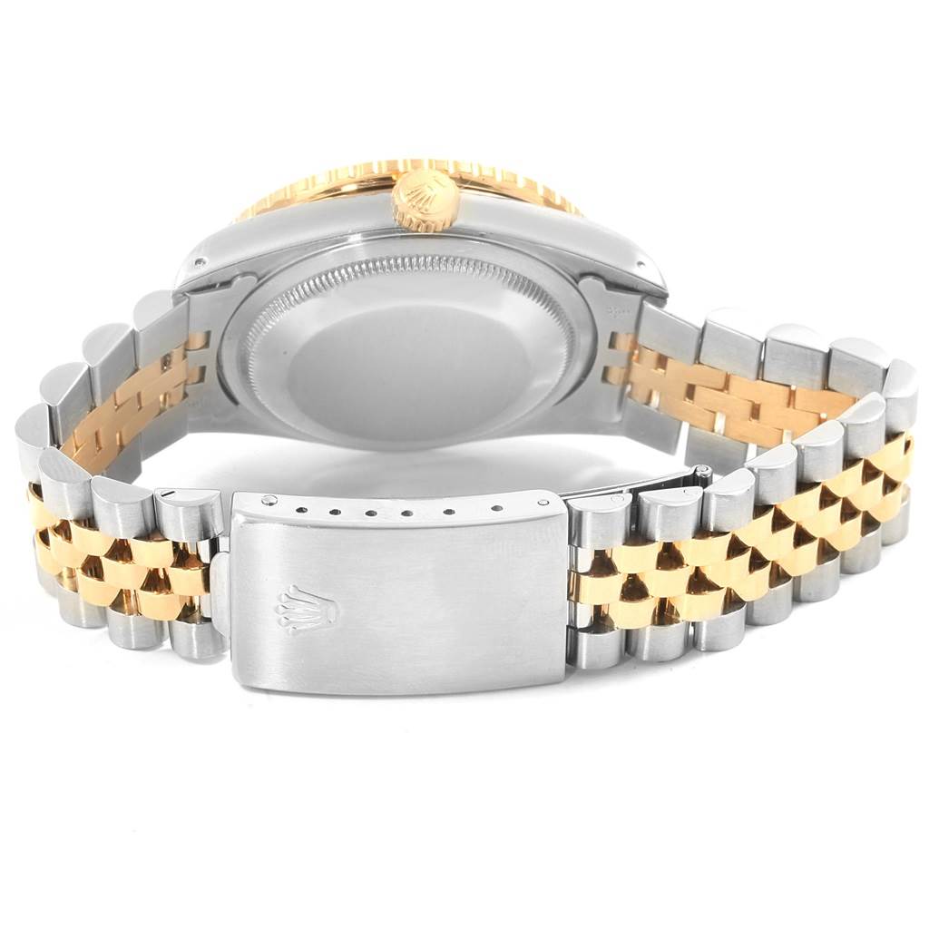 This image shows the back of a Rolex Turn-o-Graph 16263 Men's Steel and Gold (two tone) Champagne Dial 16263 Men's Steel and Gold (two tone) Champagne Dial watch, highlighting the Jubilee bracelet and the closed clasp.