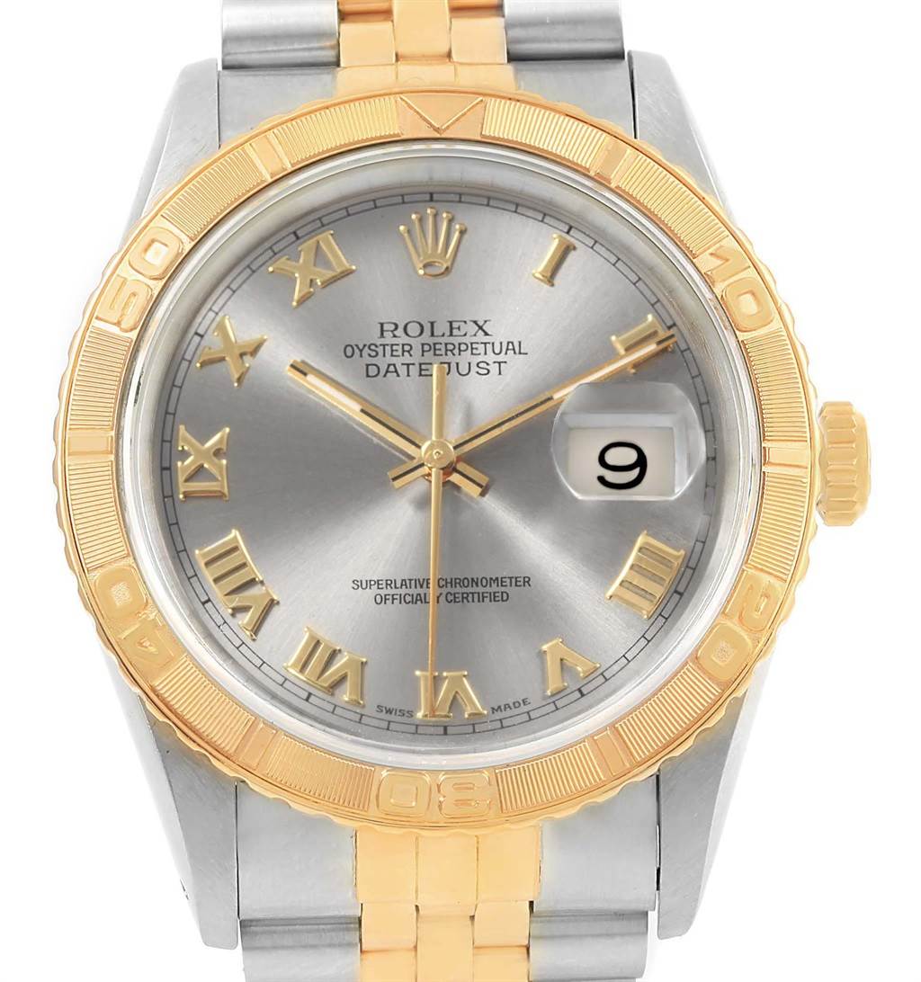 The image showcases a frontal view of a Rolex Turn-o-Graph 16263 Men's Steel and Gold (two tone) Grey Dial 16263 Men's Steel and Gold (two tone) Grey Dial watch, highlighting its dial, bezel, and bracelet.