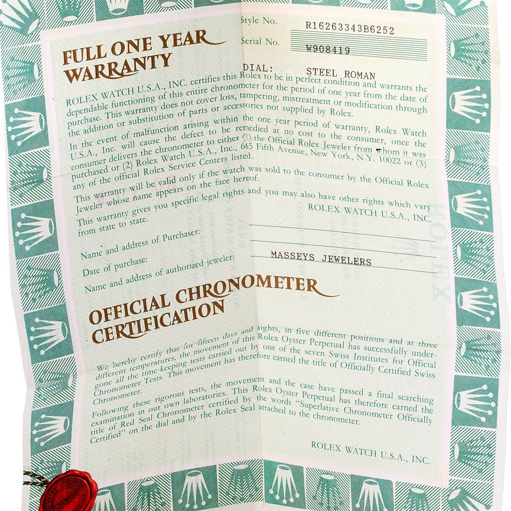 The image shows the full one-year warranty and official chronometer certification for a Rolex Turn-o-Graph 16263 Men's Steel and Gold (two tone) Grey Dial 16263 Men's Steel and Gold (two tone) Grey Dial watch.